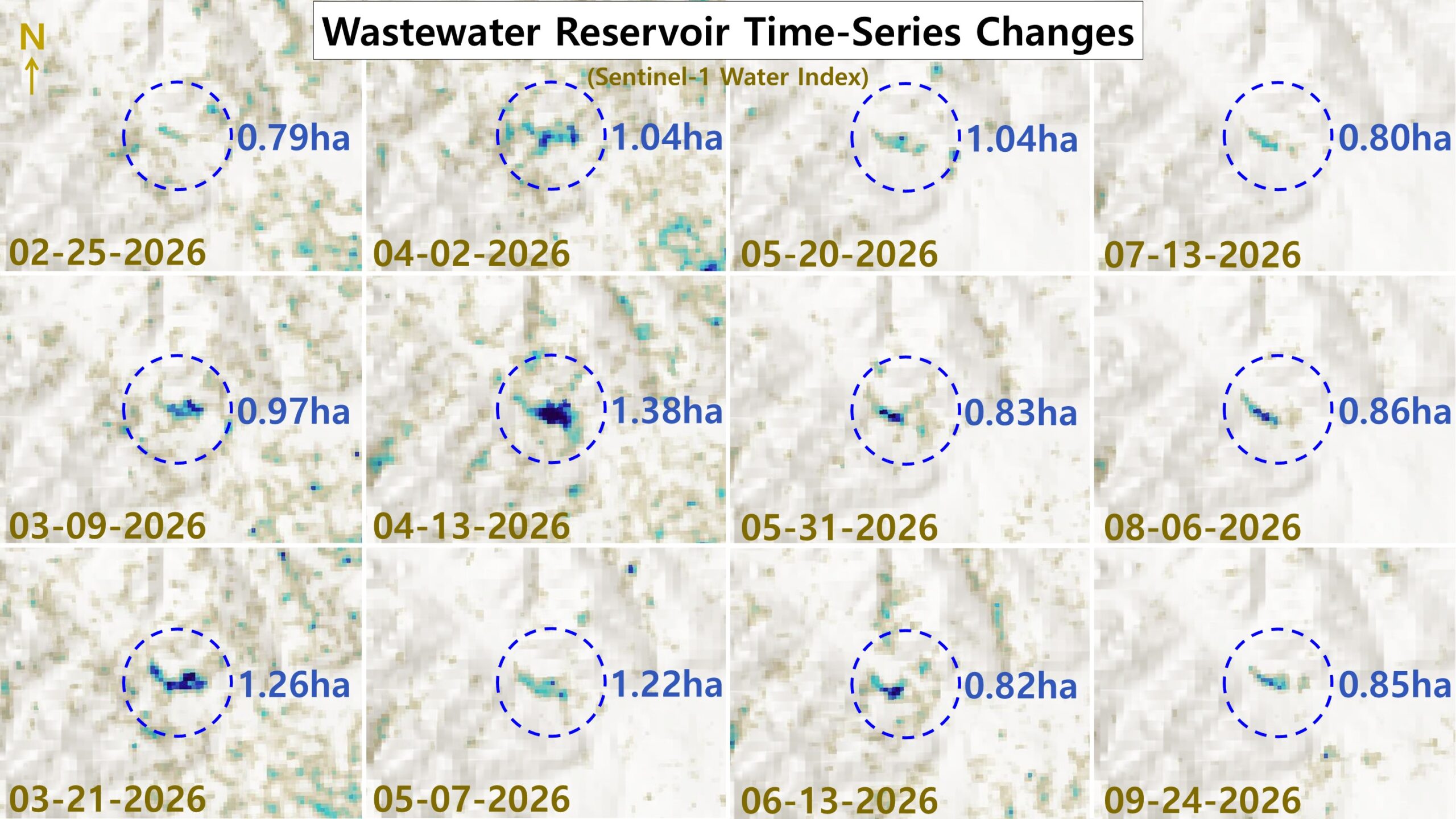 Time series of Sentinel-1 radar images showing the wastewater pond below the Pyongsan uranium plant changing in size from February to September 2026